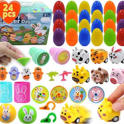 24 PCS Easter Eggs with Toy Fillers - Surprise Plastic Eggs & Mini Toys Set - Ideal for Kids Egg Hunt & Party Favours.