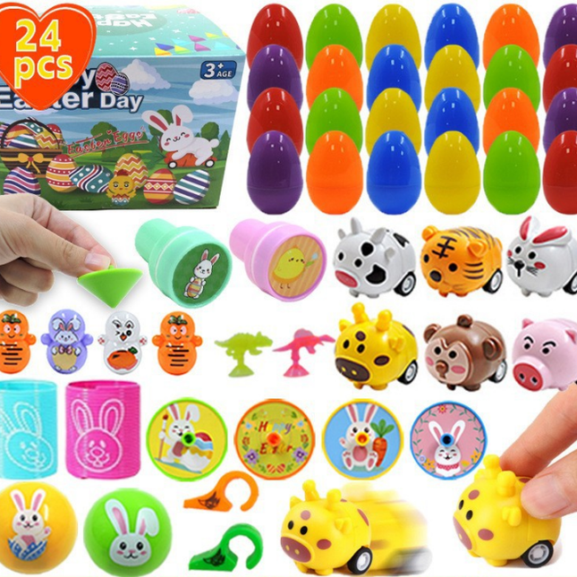 24 PCS Easter Eggs with Toy Fillers - Surprise Plastic Eggs & Mini Toys Set - Ideal for Kids Egg Hunt & Party Favours.