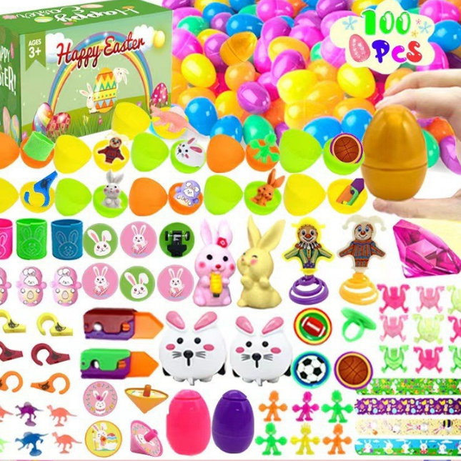 100 PCS Easter Eggs with 100 Toy Fillers - Bulk Surprise Plastic Eggs & Mini Toys Set - Includes Golden Egg - Ideal for Large Egg Hunts & Party Favours.