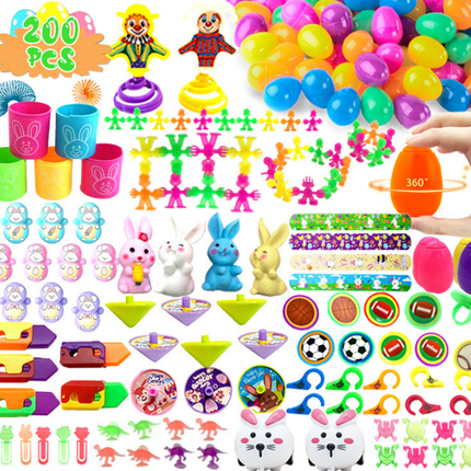 200 PCS Easter Party Favours Set with Plastic Eggs & Assorted Toys - Bulk Fillers for Kids Egg Hunts, Basket Stuffers & Classroom Rewards.