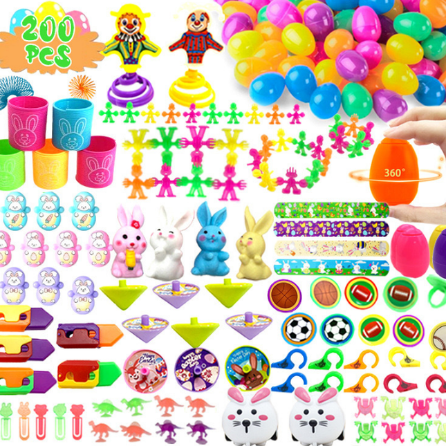 200 PCS Easter Party Favours Set with Plastic Eggs & Assorted Toys - Bulk Fillers for Kids Egg Hunts, Basket Stuffers & Classroom Rewards.