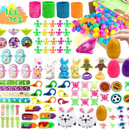 100 PCS Easter Party Favours Set with Plastic Eggs & Novelty Toys - Assorted Fillers for Kids Egg Hunts, Basket Stuffers & School Rewards.