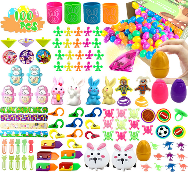 100 PCS Easter Party Favours Set with Plastic Eggs & Novelty Toys - Assorted Fillers for Kids Egg Hunts, Basket Stuffers & School Rewards.