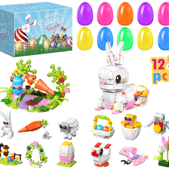 12 PCS Pre-filled Easter Eggs with Mini Building Block Toys - Creative Construction Figures (Bunny, Chick, Sheep) for Kids Egg Hunt, Party Favours & Basket Stuffers.