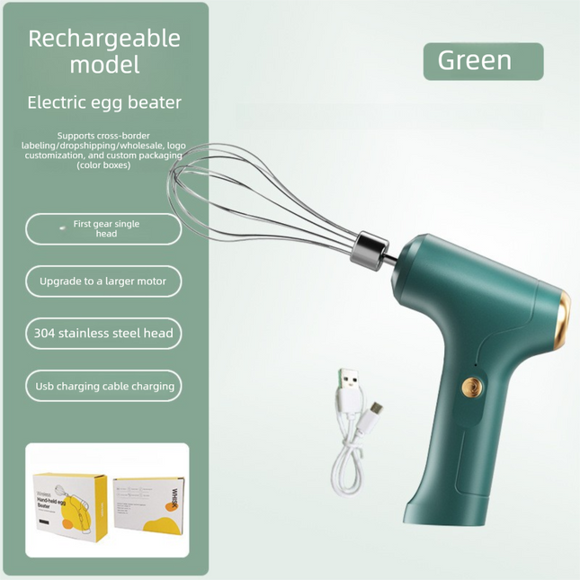 Compact Electric Handheld Egg Whisk Multi-Function Automatic Cream Whipper and Food Mixer J-7 Green Single Head 1-Speed.