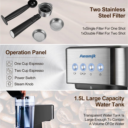 Premium Espresso Coffee Machine with Touch Control Panel & Steam Milk Frother 1050W Stainless Steel CM3010 (AU Plug).