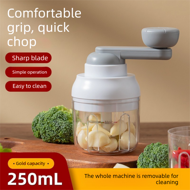 Manual Mini Garlic Chopper & Food Processor 250ml Portable Hand-Crank Mincer for Garlic, Meat, and Baby Food – Ivory White.