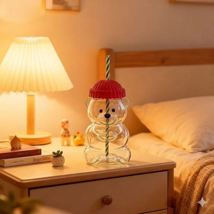 Creative Bear Shape Glass Water Bottle with Straw Cute Cartoon Coffee Cup and Cold Drink Tumbler – Red Hat Bear Edition.