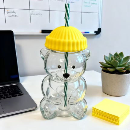 Creative Bear Shape Glass Water Bottle with Straw Cute Cartoon Coffee Cup and Cold Drink Tumbler – Yellow Hat Bear Edition.