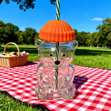 Creative Bear Shape Glass Water Bottle with Straw Cute Cartoon Coffee Cup and Cold Drink Tumbler – Orange Hat Bear Edition.