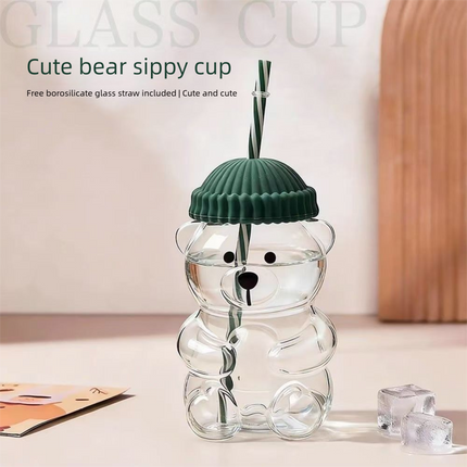 Creative Bear Shape Glass Water Bottle with Straw Cute Cartoon Coffee Cup and Cold Drink Tumbler – Orange Hat Bear Edition.