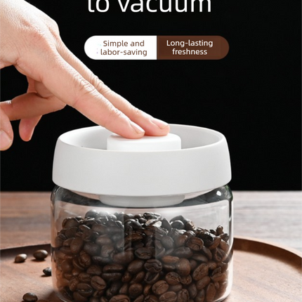 500ml Vacuum Sealed Glass Coffee Canister - One-Press Airtight Food Storage Jar - Moisture-Proof High Borosilicate Container for Beans & Tea (White Lid).