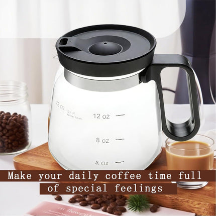 16oz Novelty Glass Coffee Carafe Mug - Heat Resistant Borosilicate Cup with Handle & Splash-Proof Lid - Personal Mini Pot for Tea, Latte & Office Desk (Clear/Black).
