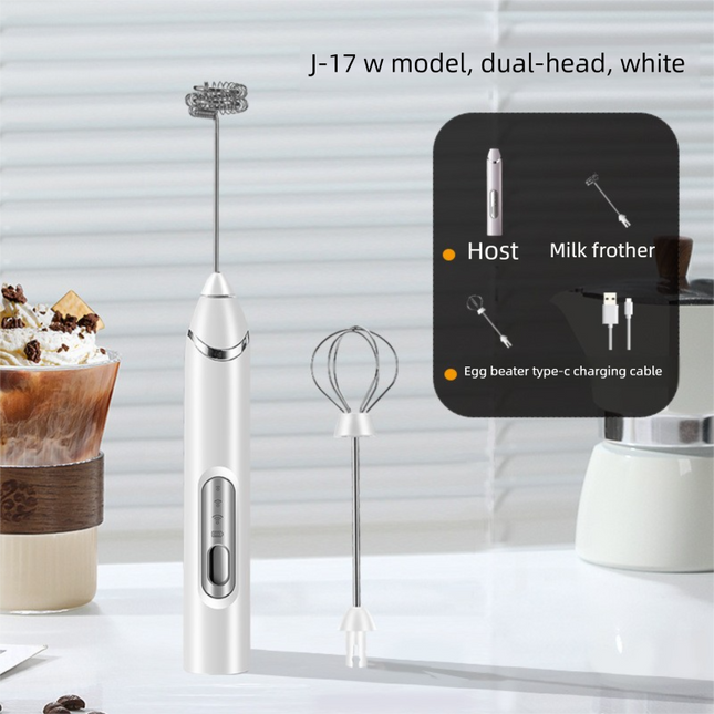 Rechargeable Electric Milk Frother Handheld - 3 Speed Adjustable Foam Maker with 2 Stainless Steel Whisks - Portable Coffee Mixer & Egg Beater for Flat Whites, Lattes & Baking (White).
