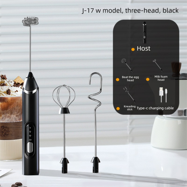 Rechargeable 3-in-1 Handheld Milk Frother Set - Electric Whisk with Egg Beater & Mixing Hook - 3 Speed Adjustable Foam Maker for Coffee, Lattes, Baking & Baby Food (Black).