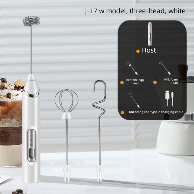 Rechargeable 3-in-1 Handheld Milk Frother Set - Electric Whisk with Egg Beater & Mixing Hook - 3 Speed Adjustable Foam Maker for Coffee, Lattes, Baking & Baby Food (White).