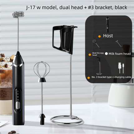 Rechargeable Electric Milk Frother with Metal Stand - Handheld Foam Maker & Egg Beater Set - 3 Speed Mixer with 2 Stainless Steel Whisks for Flat Whites, Lattes & Baking (Black).