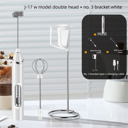 Rechargeable Electric Milk Frother with Metal Stand - Handheld Foam Maker & Egg Beater Set - 3 Speed Mixer with 2 Stainless Steel Whisks for Flat Whites, Lattes & Baking (White).