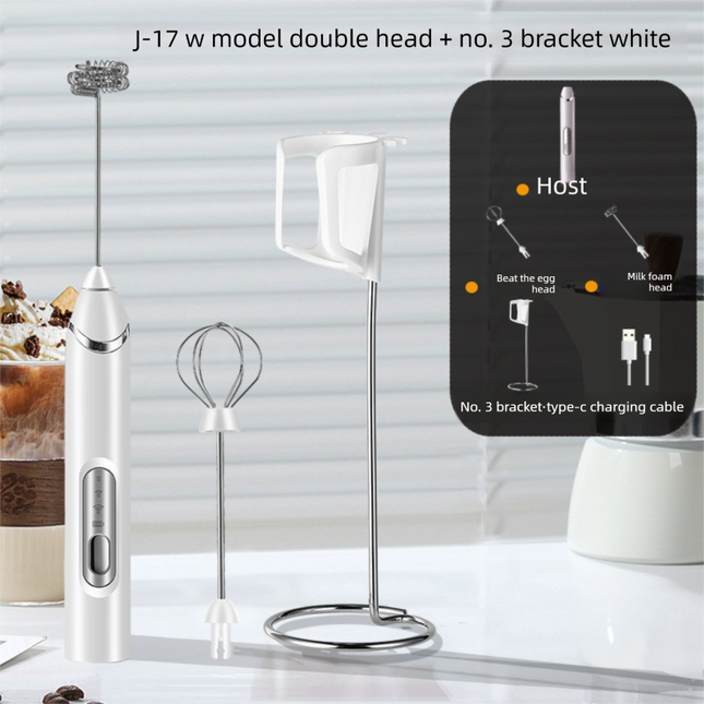 Rechargeable Electric Milk Frother with Metal Stand - Handheld Foam Maker & Egg Beater Set - 3 Speed Mixer with 2 Stainless Steel Whisks for Flat Whites, Lattes & Baking (White).