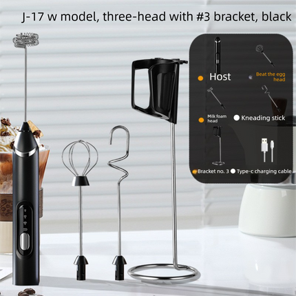 Rechargeable 3-in-1 Milk Frother Set with Metal Stand - Handheld Electric Whisk, Egg Beater & Mixing Hook - 3 Speed Foam Maker for Coffee, Lattes & Baking (Black).