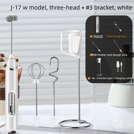 Rechargeable 3-in-1 Milk Frother Set with Metal Stand - Handheld Electric Whisk, Egg Beater & Mixing Hook - 3 Speed Foam Maker for Coffee, Lattes & Baking (White).