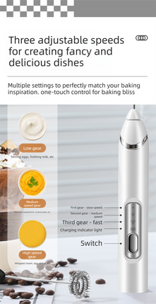 Rechargeable 3-in-1 Milk Frother Set with Metal Stand - Handheld Electric Whisk, Egg Beater & Mixing Hook - 3 Speed Foam Maker for Coffee, Lattes & Baking (White).