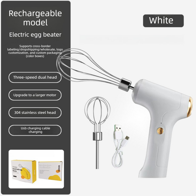 Cordless Electric Hand Mixer - Rechargeable 3-Speed Egg Beater & Cream Whisk - Lightweight Self-Standing Design for Baking, Cake & Batter (White).