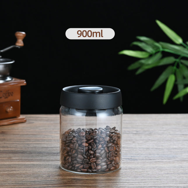 900ml Vacuum Sealed Glass Coffee Canister - One-Press Airtight Storage Jar - Medium Size Moisture-Proof Borosilicate Container for Beans & Pantry (Black Lid).