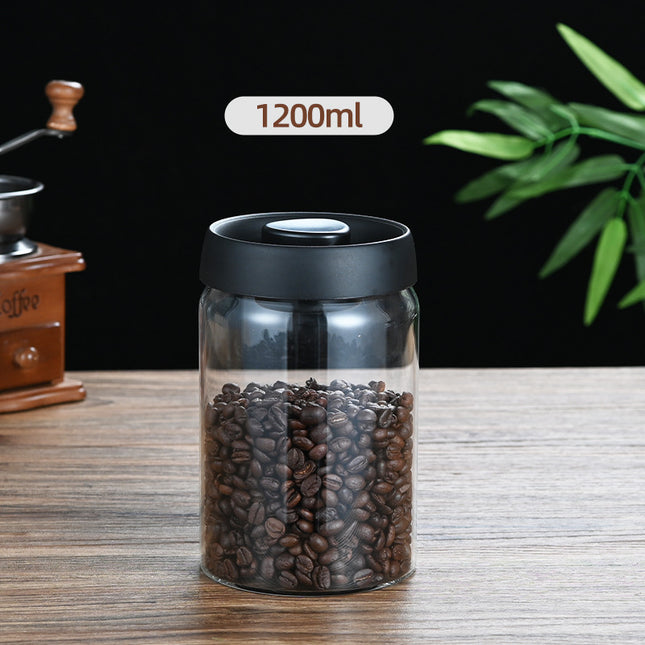 1200ml Large Vacuum Sealed Glass Canister - One-Press Airtight Food Storage Jar - High Borosilicate Coffee Bean Container & Pantry Organiser (Black Lid).