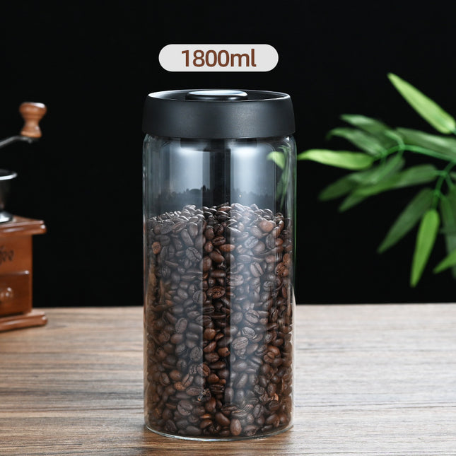 1800ml Extra Large Vacuum Sealed Glass Canister - One-Press Airtight Food Storage Jar - Tall Borosilicate Container for Bulk Coffee, Pasta & Cereal (Black Lid).
