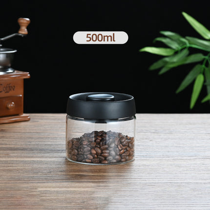500ml Vacuum Sealed Glass Coffee Canister - One-Press Airtight Food Storage Jar - Moisture-Proof High Borosilicate Container for Beans & Tea (Black Lid).