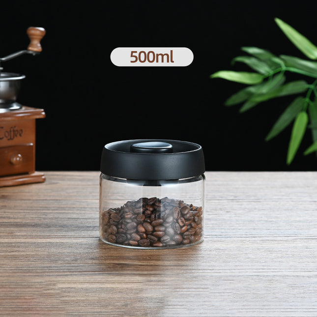 500ml Vacuum Sealed Glass Coffee Canister - One-Press Airtight Food Storage Jar - Moisture-Proof High Borosilicate Container for Beans & Tea (Black Lid).