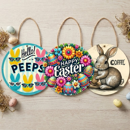 3 PCS Easter Wooden Hanging Signs Round Wall Decor Bunny and Egg Designs 20cm Front Door Plaque.