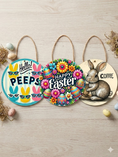 3 PCS Easter Wooden Hanging Signs Round Wall Decor Bunny and Egg Designs 20cm Front Door Plaque.