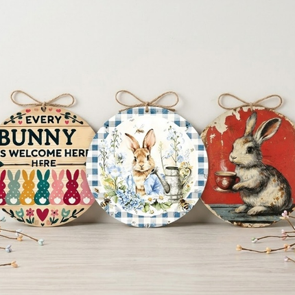 Easter Wooden Door Sign & Hanging Ornament 3-Piece Set – Colorful Bunny Slogans, Blue Gingham Watering Can, and Coffee Bunny Designs.