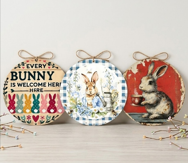 Easter Wooden Door Sign & Hanging Ornament 3-Piece Set – Colorful Bunny Slogans, Blue Gingham Watering Can, and Coffee Bunny Designs.
