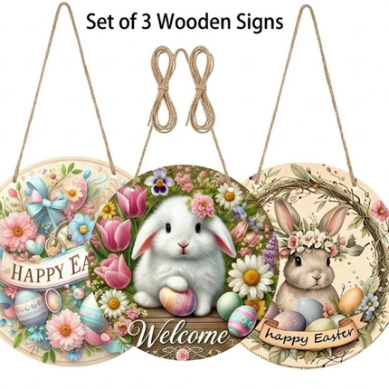 Easter Wooden Door Sign & Hanging Ornament 3-Piece Set – Happy Easter Flowers, Bunny Welcome, and Egg Wreath Designs.