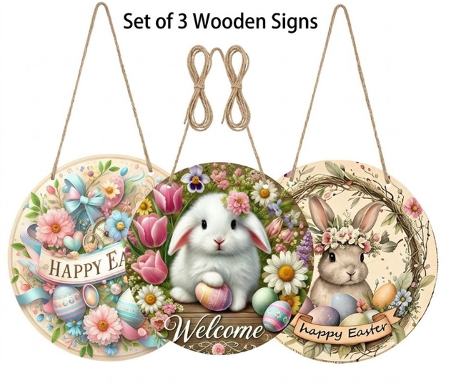 Easter Wooden Door Sign & Hanging Ornament 3-Piece Set – Happy Easter Flowers, Bunny Welcome, and Egg Wreath Designs.