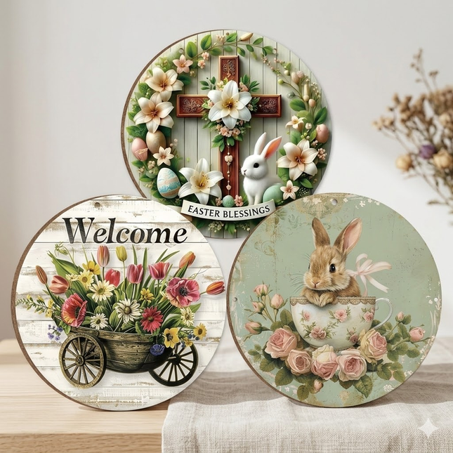 Easter Wooden Door Sign & Hanging Ornament 3-Piece Set – Festive Bunny, Tulip Flower Cart, and Rose Teacup Bunny Designs.