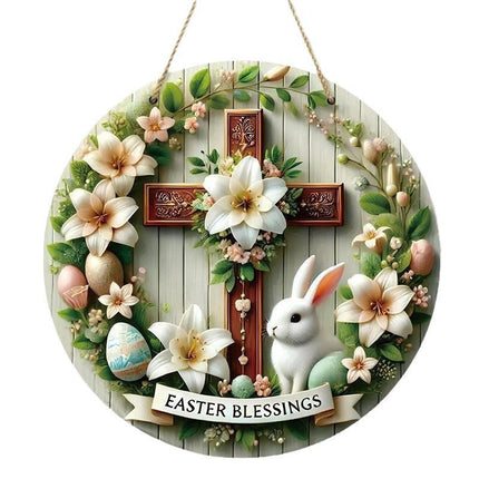 Easter Wooden Door Sign & Hanging Ornament 3-Piece Set – Festive Bunny, Tulip Flower Cart, and Rose Teacup Bunny Designs.