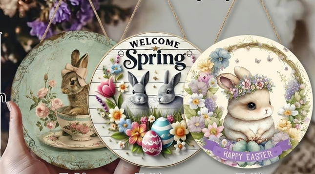 Easter Wooden Door Sign & Hanging Ornament 3-Piece Set – Bowknot Teacup Bunny, Twin Grey Rabbits, and Floral Wreath Bunny Designs.
