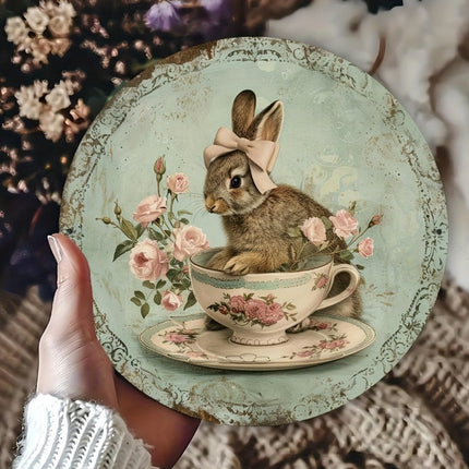 Easter Wooden Door Sign & Hanging Ornament 3-Piece Set – Bowknot Teacup Bunny, Twin Grey Rabbits, and Floral Wreath Bunny Designs.
