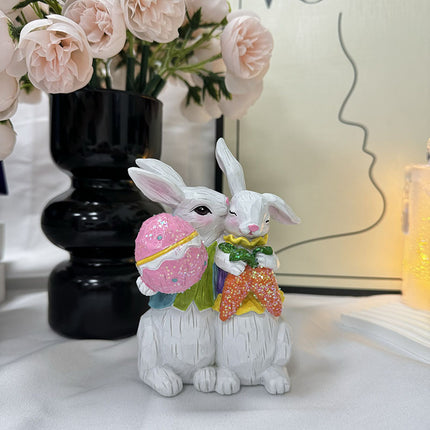 Easter Bunny & Carrot Figurine Set – Cute Rabbit Couple Indoor Home Decoration Resin Craft Ornaments.
