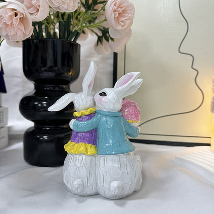 Easter Bunny & Carrot Figurine Set – Cute Rabbit Couple Indoor Home Decoration Resin Craft Ornaments.