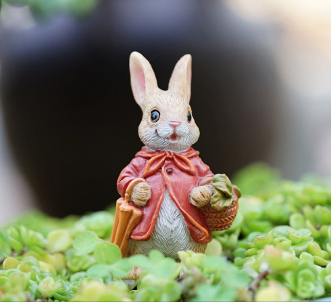 Garden Style "Raincoat Bunny" Succulent Planter Decoration – Cute Rabbit Animal Figurine Resin Craft for Balcony and Pot Plant.
