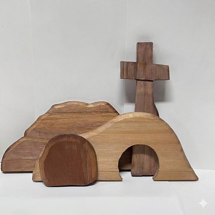 Easter Resurrection Scene Wooden Tabletop Ornament – Handcrafted Cross & Tomb Commemorative Display.