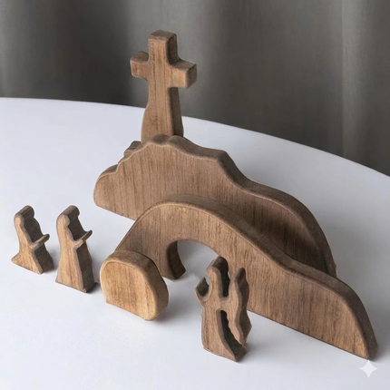 Easter Resurrection Scene 7-Piece Wooden Tabletop Set – Handcrafted Cross, Tomb, and Figurines Commemorative Display.