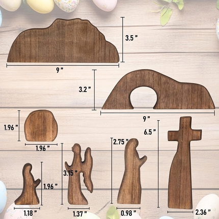 Easter Resurrection Scene 7-Piece Wooden Tabletop Set – Handcrafted Cross, Tomb, and Figurines Commemorative Display.
