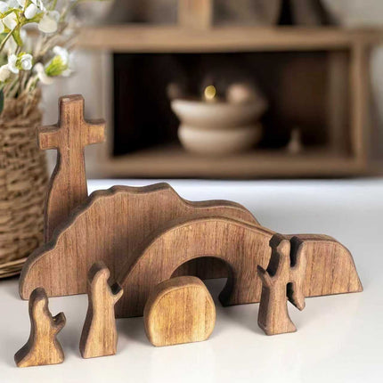 Easter Resurrection Scene Set Mini Wooden Figurine Ornament – Handcrafted Cross & Tomb Creative Tabletop Decoration.