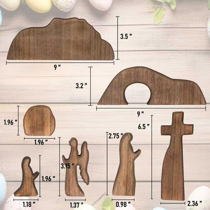 Easter Resurrection Scene Set Mini Wooden Figurine Ornament – Handcrafted Cross & Tomb Creative Tabletop Decoration.